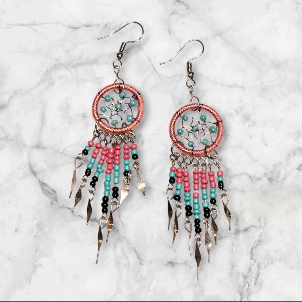 Dream Catcher Earrings Pink with Pink, Turquoise and Black Beads [LWDCE-003]